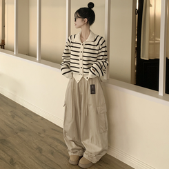 아방핏 단가라 레더패치 손목포인트 스트라이프 오버핏 카라 겨울 크롭 니트가디건 아이보리