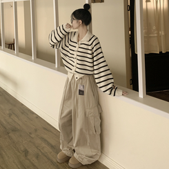 아방핏 단가라 레더패치 손목포인트 스트라이프 오버핏 카라 겨울 크롭 니트가디건 아이보리