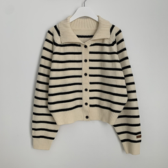 아방핏 단가라 레더패치 손목포인트 스트라이프 오버핏 카라 겨울 크롭 니트가디건