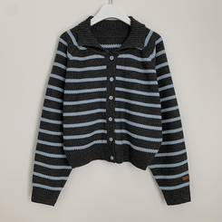 아방핏 단가라 레더패치 손목포인트 스트라이프 오버핏 카라 겨울 크롭 니트가디건