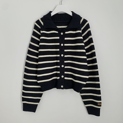 아방핏 단가라 레더패치 손목포인트 스트라이프 오버핏 카라 겨울 크롭 니트가디건