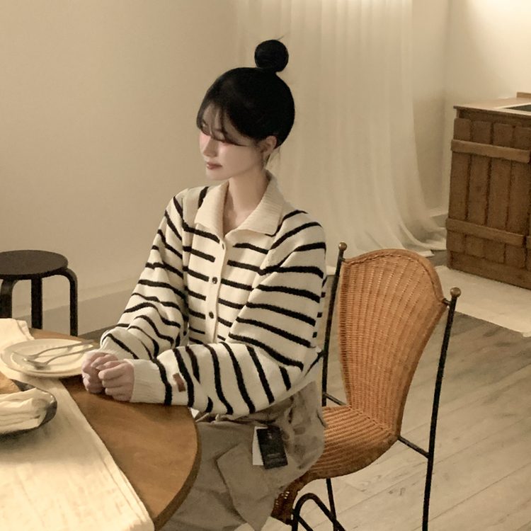 아방핏 단가라 레더패치 손목포인트 스트라이프 오버핏 카라 겨울 크롭 니트가디건 아이보리