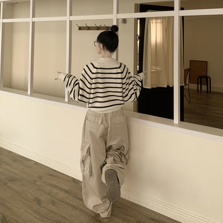 아방핏 단가라 레더패치 손목포인트 스트라이프 오버핏 카라 겨울 크롭 니트가디건 아이보리