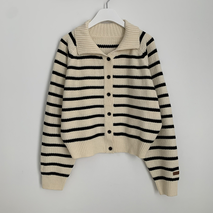 아방핏 단가라 레더패치 손목포인트 스트라이프 오버핏 카라 겨울 크롭 니트가디건