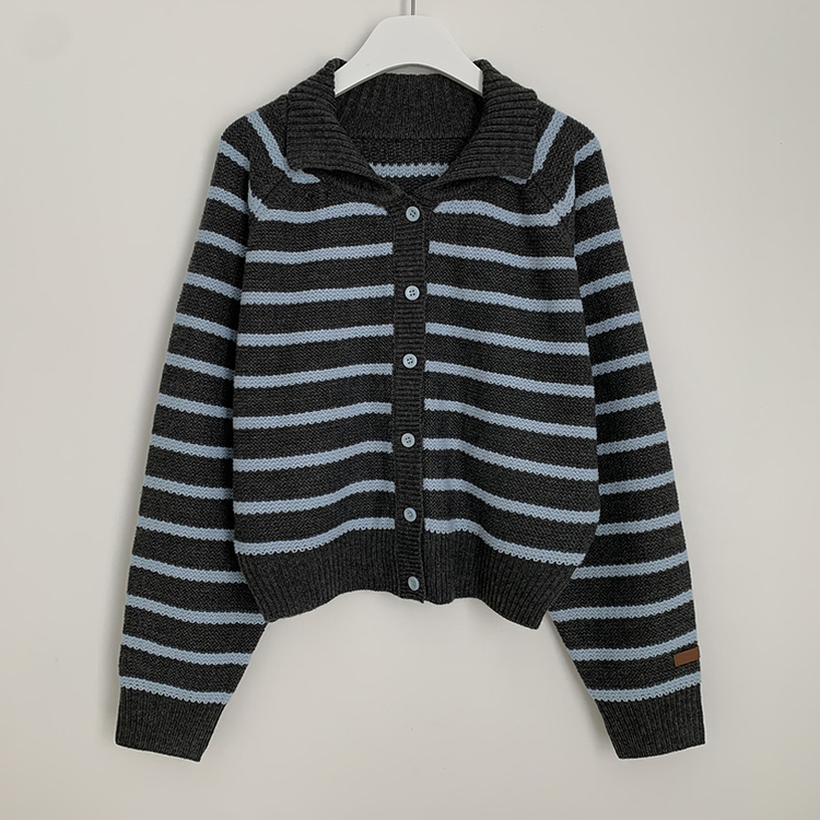 아방핏 단가라 레더패치 손목포인트 스트라이프 오버핏 카라 겨울 크롭 니트가디건
