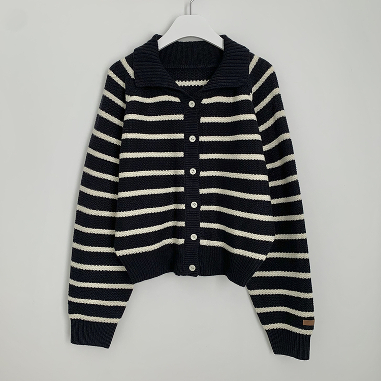 아방핏 단가라 레더패치 손목포인트 스트라이프 오버핏 카라 겨울 크롭 니트가디건