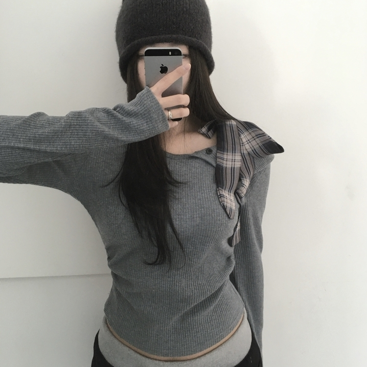 チェックリボンドワンオフTシャツ GREY