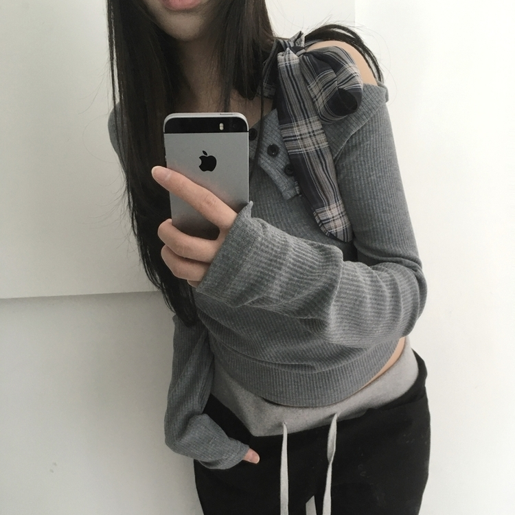 チェックリボンドワンオフTシャツ GREY