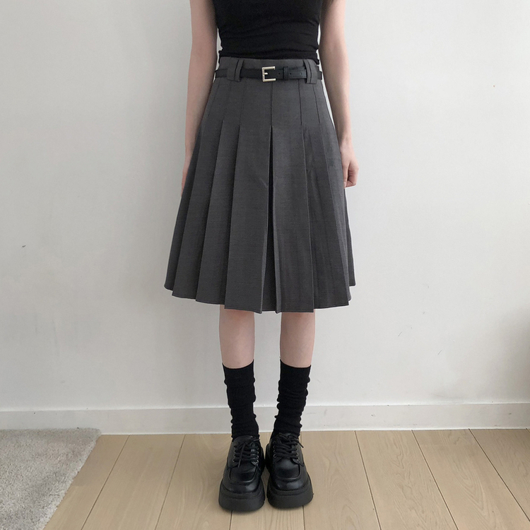 【ベルト付き】プリーツAラインミディスカート GREY