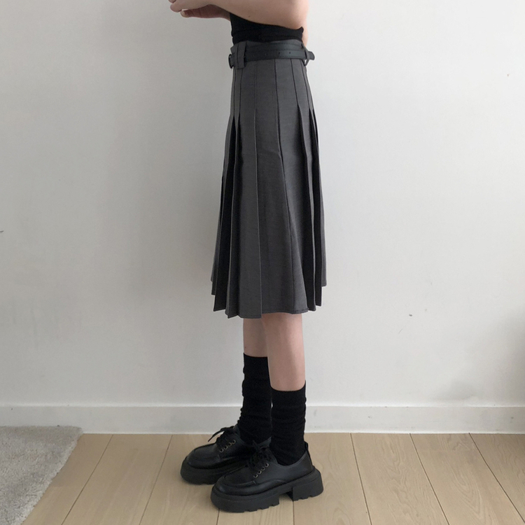 【ベルト付き】プリーツAラインミディスカート GREY