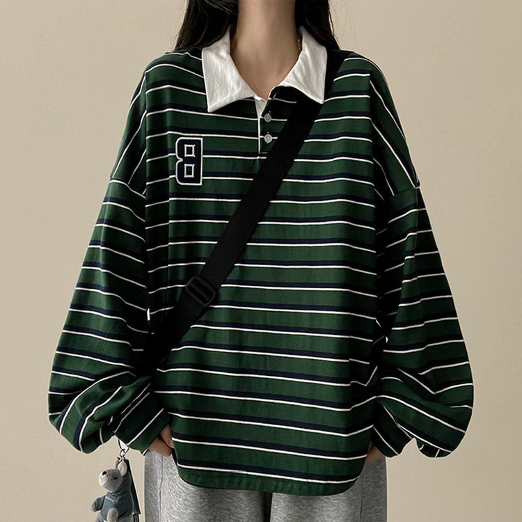 B刺繍ストライプラグビーTシャツ｜長袖Tシャツ｜韓国ファッション通販 SONA