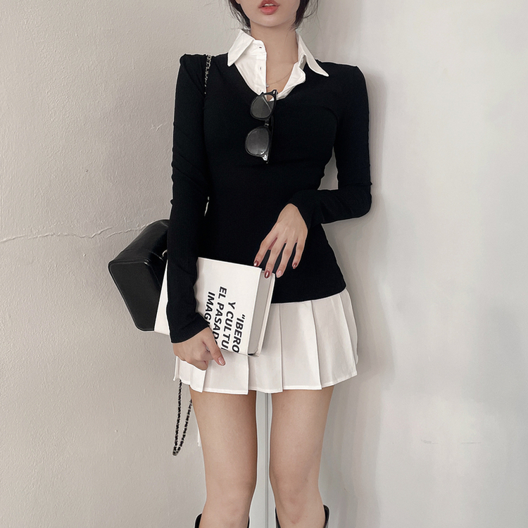 ニットレイヤードプリーツシャツワンピース｜ミニワンピース｜韓国