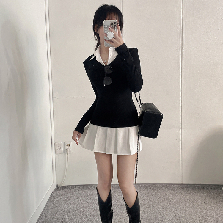 ニットレイヤードプリーツシャツワンピース｜ミニワンピース｜韓国