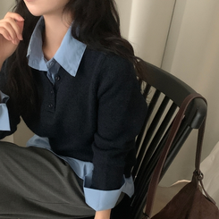 브론 레이어드 버튼 배색 카라 셔츠 브이넥 루즈핏 니트 네이비