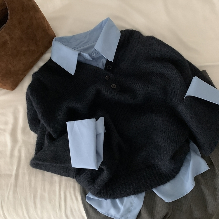 브론 레이어드 버튼 배색 카라 셔츠 브이넥 루즈핏 니트