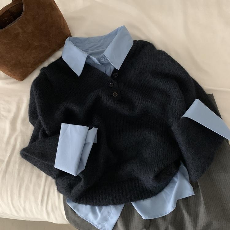 브론 레이어드 버튼 배색 카라 셔츠 브이넥 루즈핏 니트