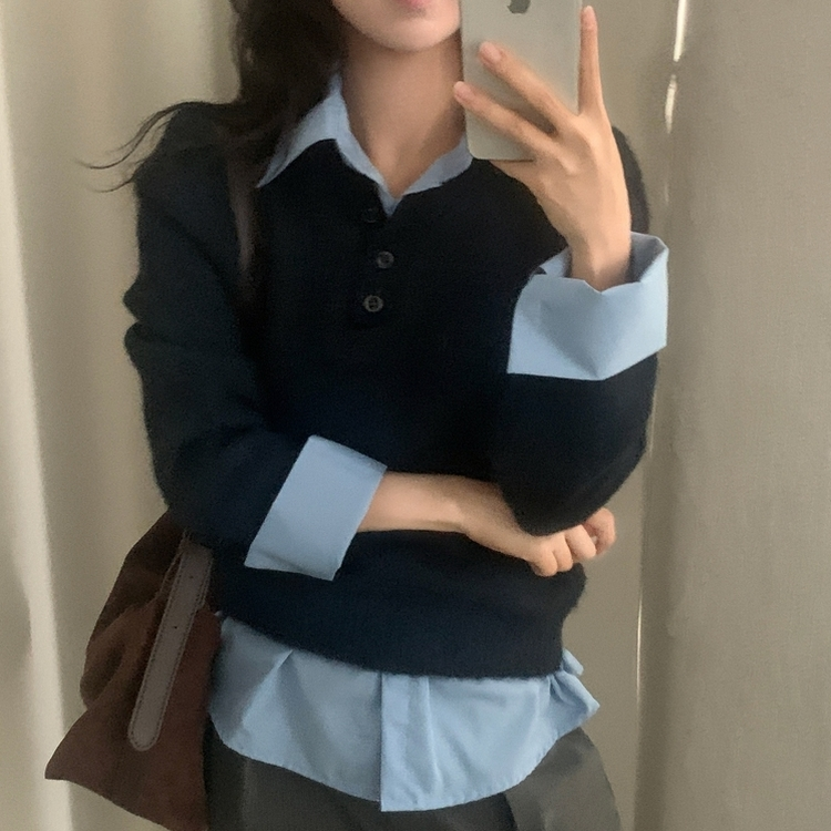 브론 레이어드 버튼 배색 카라 셔츠 브이넥 루즈핏 니트