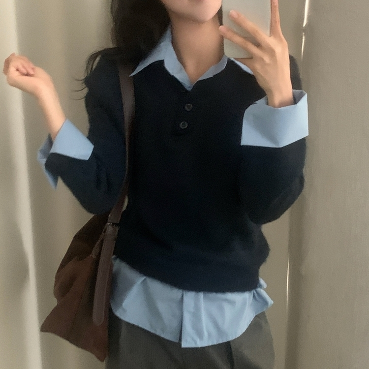 レイヤードボタンバイカラーシャツニット｜ニット｜韓国