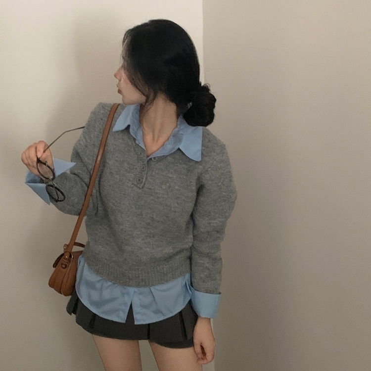 브론 레이어드 버튼 배색 카라 셔츠 브이넥 루즈핏 니트