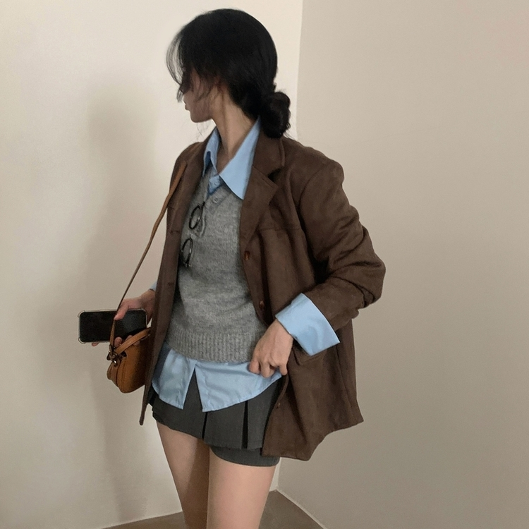 レイヤードボタンバイカラーシャツニット｜ニット｜韓国