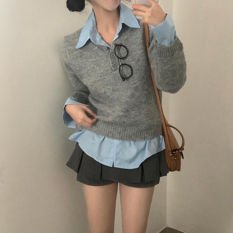 レイヤードボタンバイカラーシャツニット｜ニット｜韓国ファッション