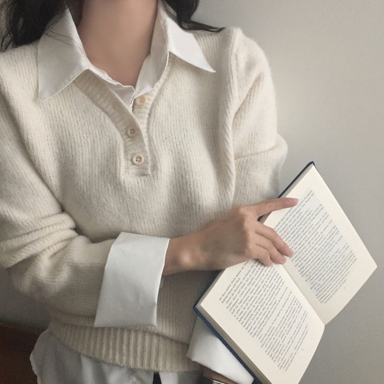 브론 레이어드 버튼 배색 카라 셔츠 브이넥 루즈핏 니트