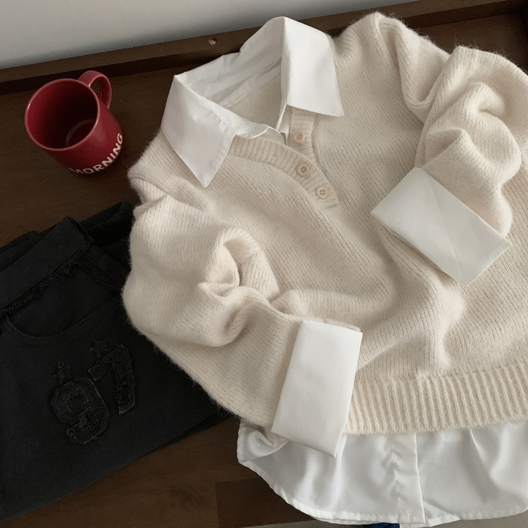 브론 레이어드 버튼 배색 카라 셔츠 브이넥 루즈핏 니트