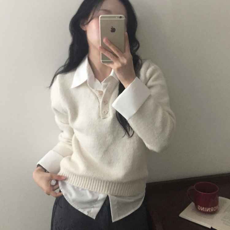 브론 레이어드 버튼 배색 카라 셔츠 브이넥 루즈핏 니트