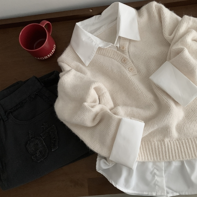 브론 레이어드 버튼 배색 카라 셔츠 브이넥 루즈핏 니트