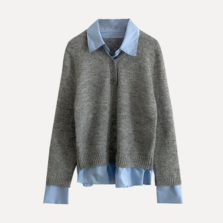 브론 레이어드 버튼 배색 카라 셔츠 브이넥 루즈핏 니트