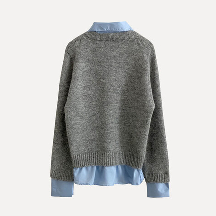 브론 레이어드 버튼 배색 카라 셔츠 브이넥 루즈핏 니트