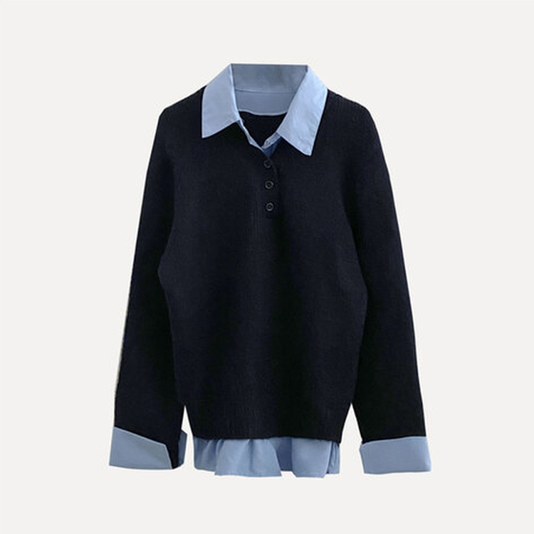 브론 레이어드 버튼 배색 카라 셔츠 브이넥 루즈핏 니트