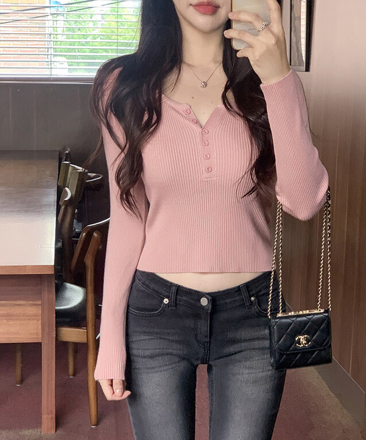 베니 골지 버튼 슬림 니트