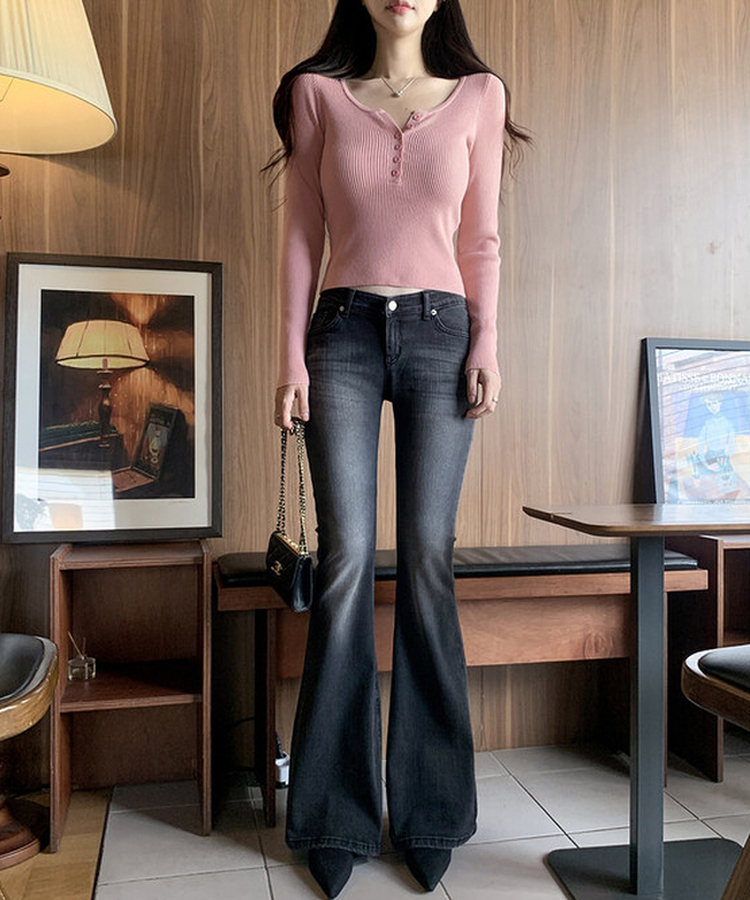 베니 골지 버튼 슬림 니트