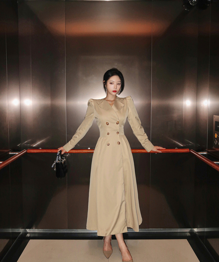 ダブルボタンAラインロングトレンチワンピース｜ロングワンピース  