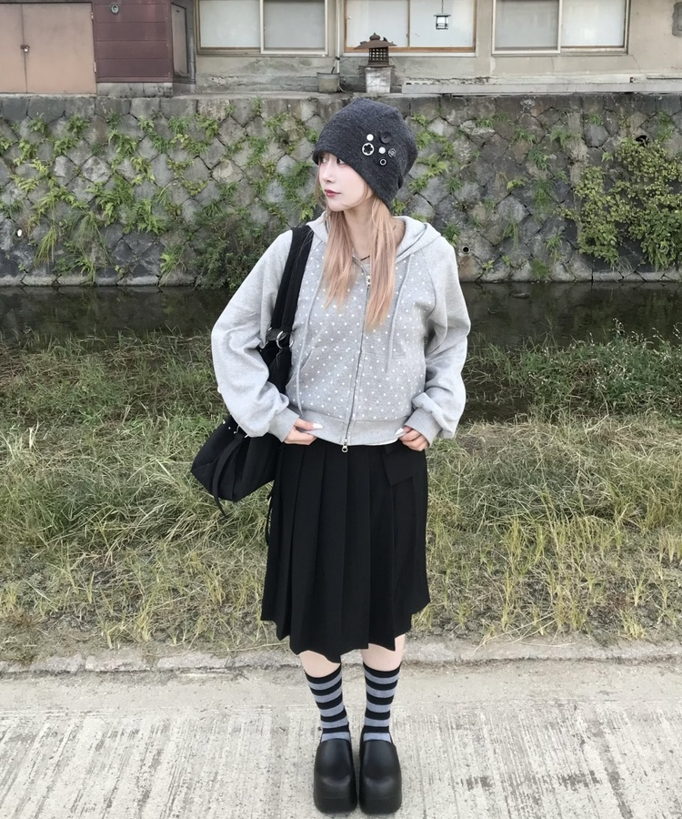 リボンポケットプリーツスカート BLACK