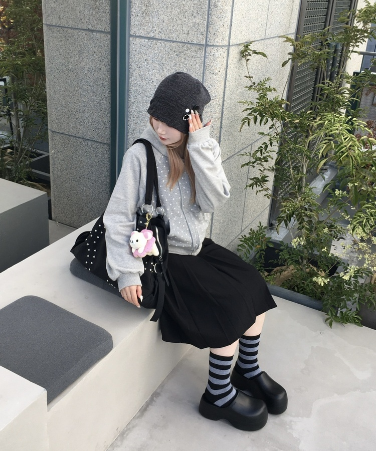 リボンポケットプリーツスカート BLACK