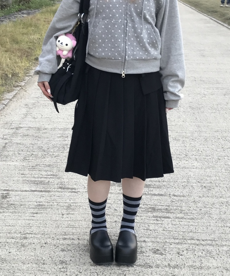 リボンポケットプリーツスカート BLACK
