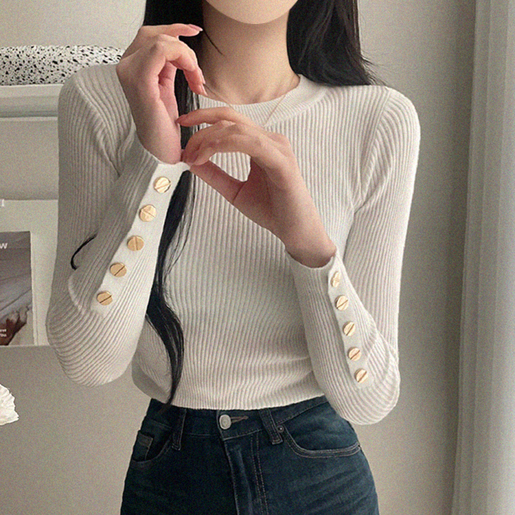 로덴 똑딱이 골드 버튼 골지 니트 흰색