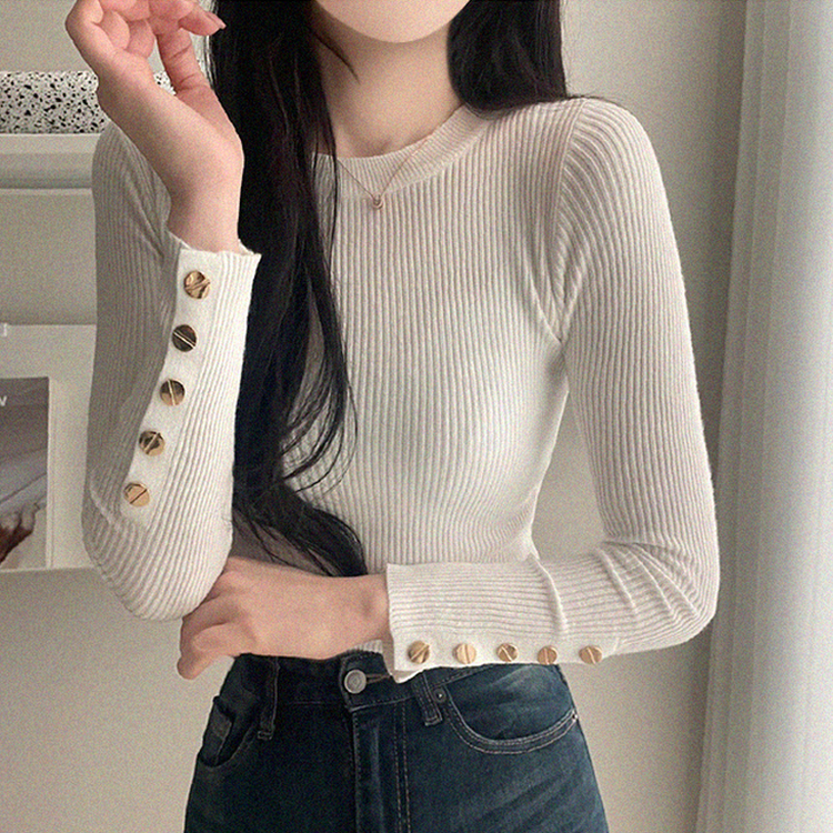 로덴 똑딱이 골드 버튼 골지 니트 흰색