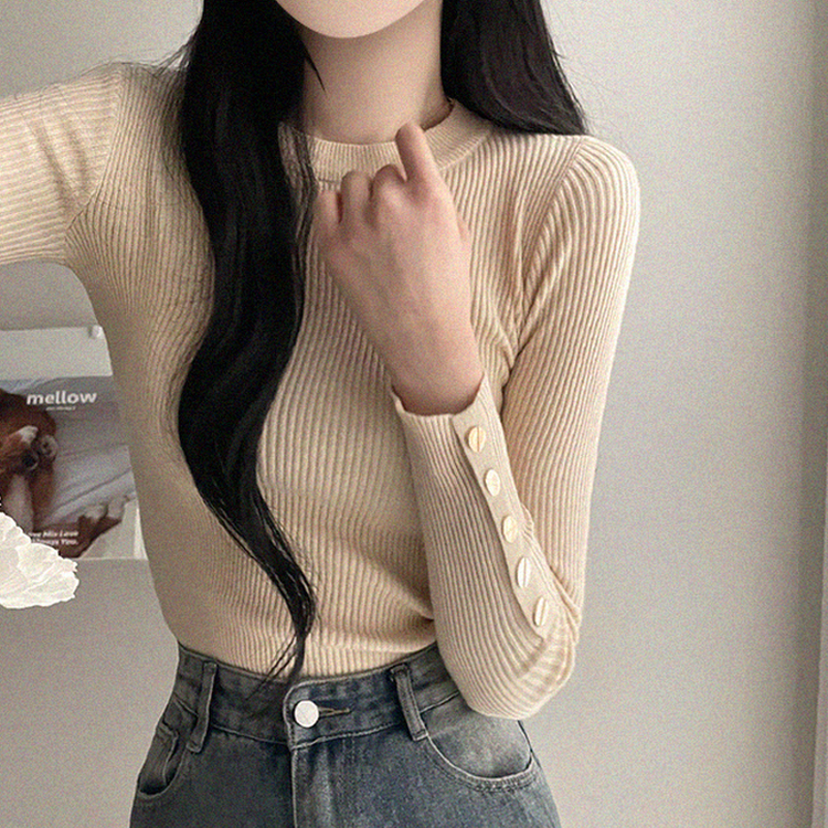 로덴 똑딱이 골드 버튼 골지 니트 베이지