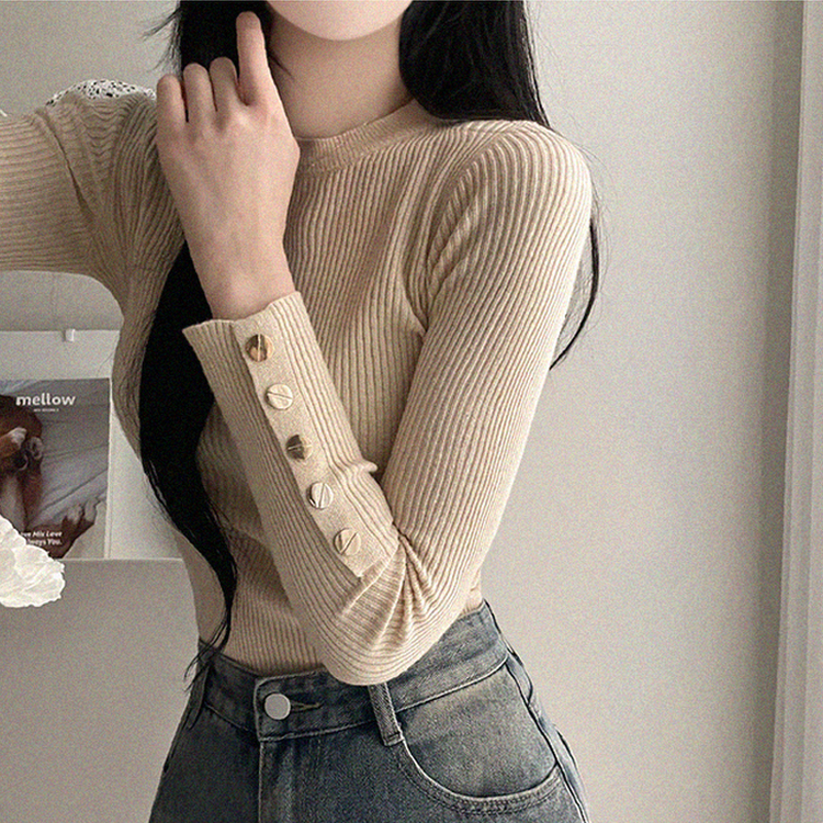 로덴 똑딱이 골드 버튼 골지 니트 베이지