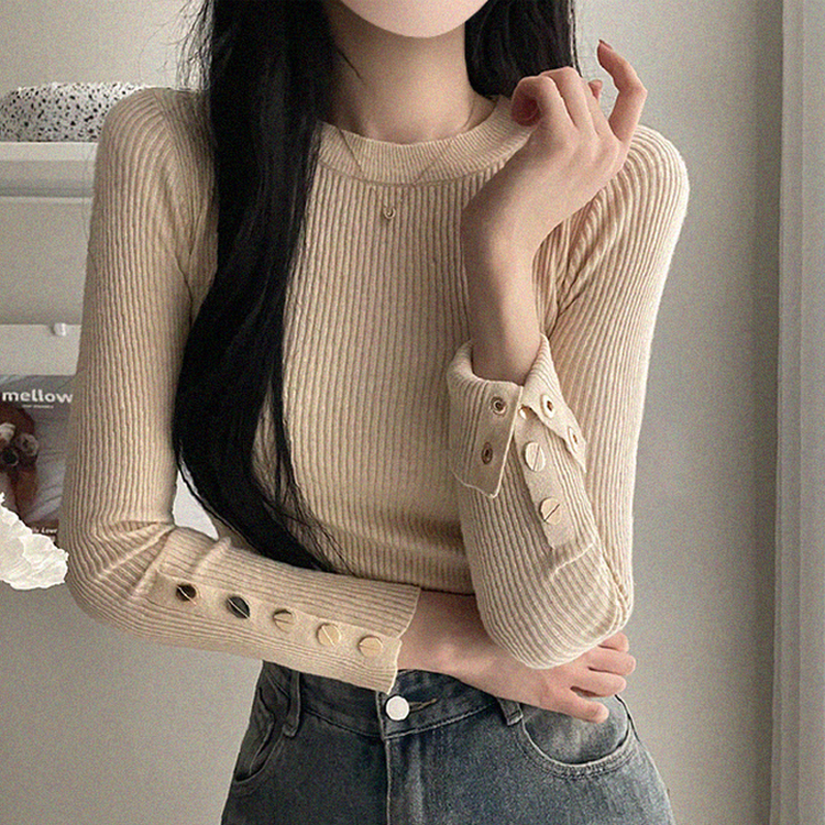 로덴 똑딱이 골드 버튼 골지 니트 베이지