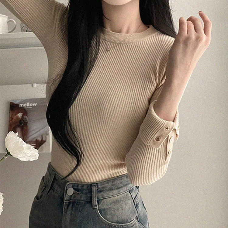 로덴 똑딱이 골드 버튼 골지 니트 베이지