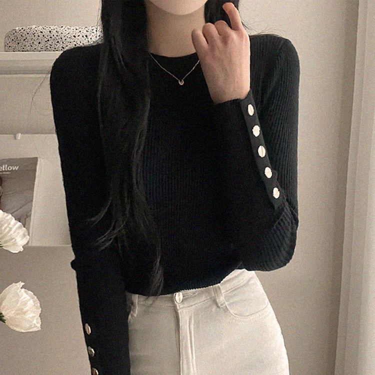 로덴 똑딱이 골드 버튼 골지 니트 검정