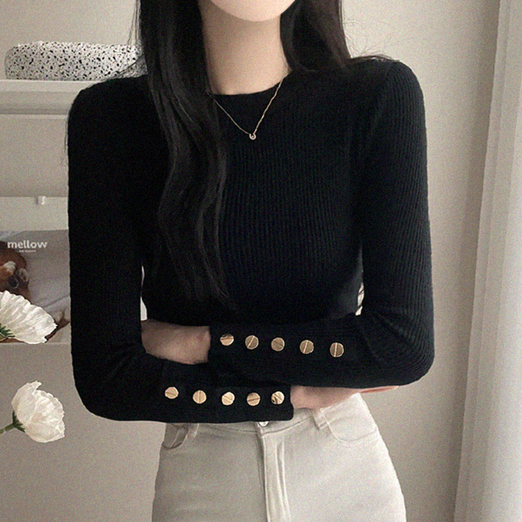 로덴 똑딱이 골드 버튼 골지 니트 검정