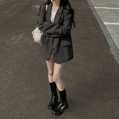 초겨울까지 리얼오버핏 소매롤업 싱글 스탠다드 박시 블레이저 하프 자켓 차콜