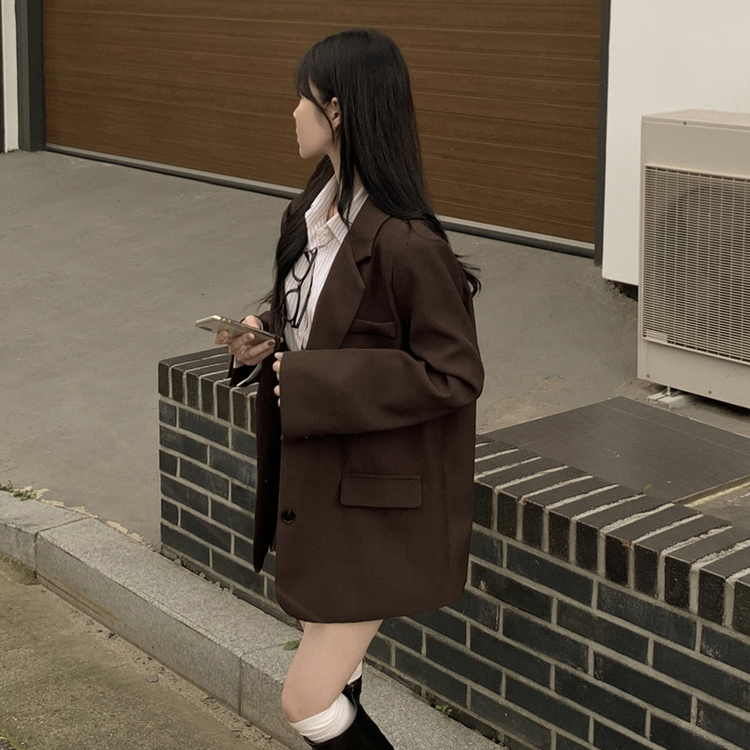 초겨울까지 리얼오버핏 소매롤업 싱글 스탠다드 박시 블레이저 하프 자켓 브라운