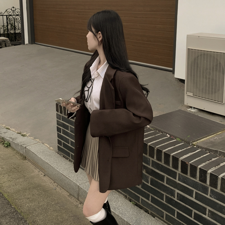 초겨울까지 리얼오버핏 소매롤업 싱글 스탠다드 박시 블레이저 하프 자켓 브라운