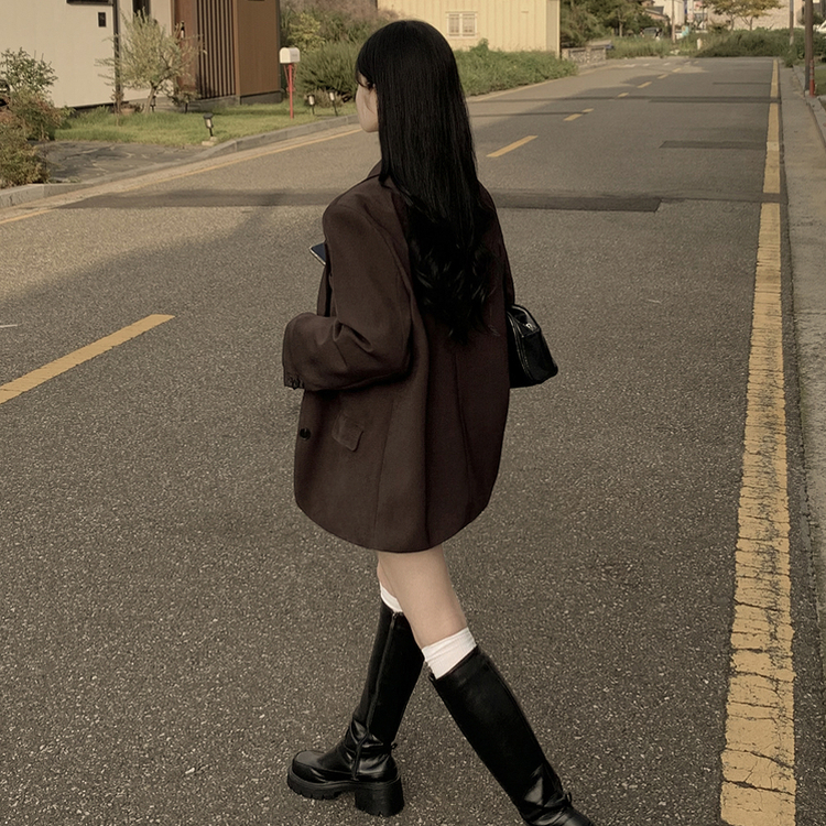 초겨울까지 리얼오버핏 소매롤업 싱글 스탠다드 박시 블레이저 하프 자켓 브라운